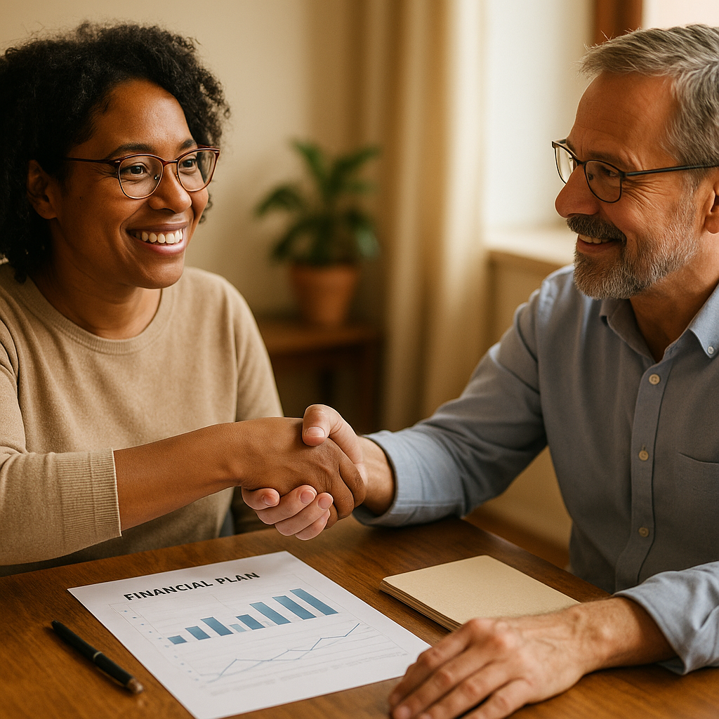 Handshake over financial planning discussion between advisor and client